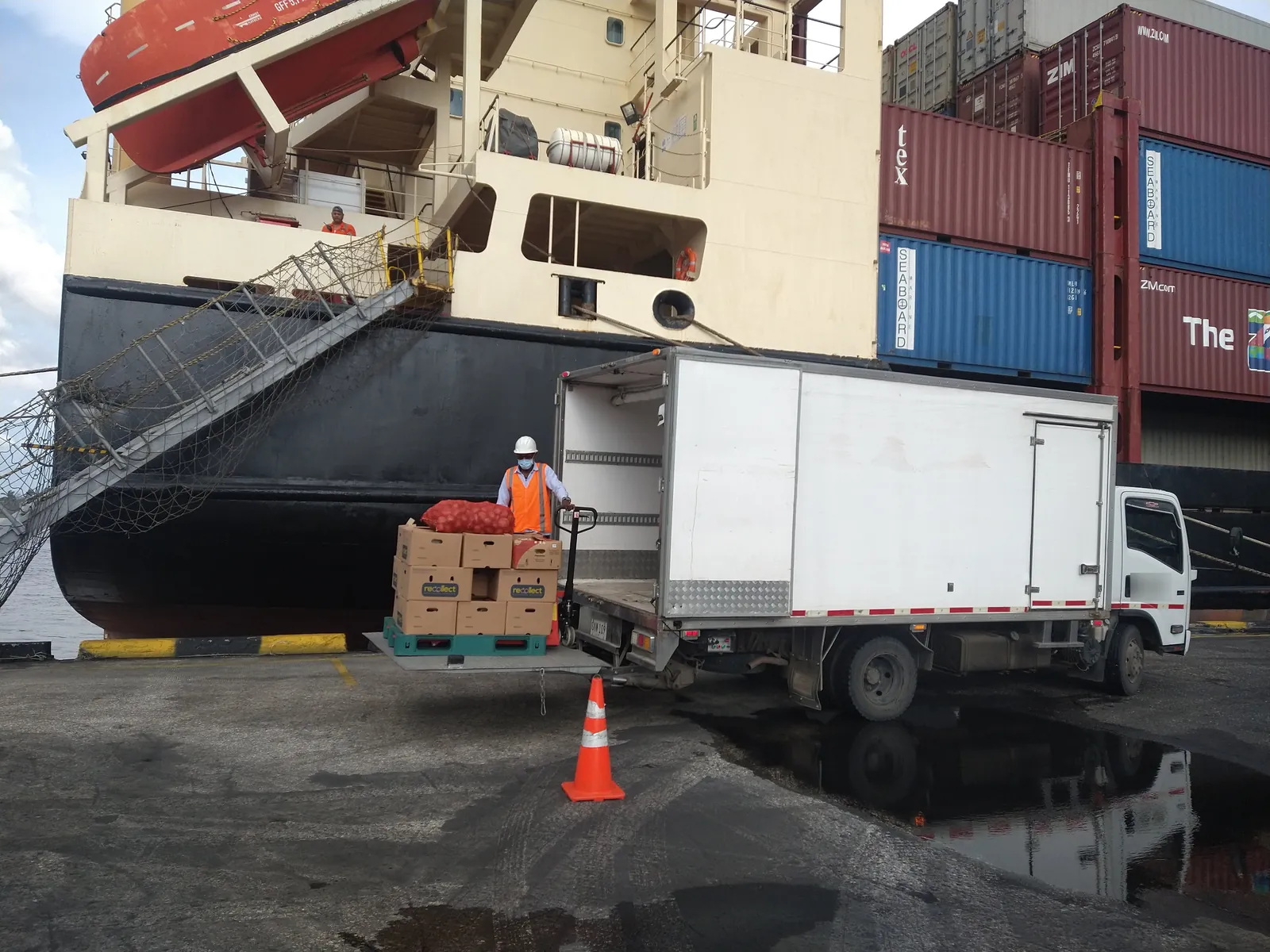 Provisions unloaded from our refrigerated truck at the vessel's gangway