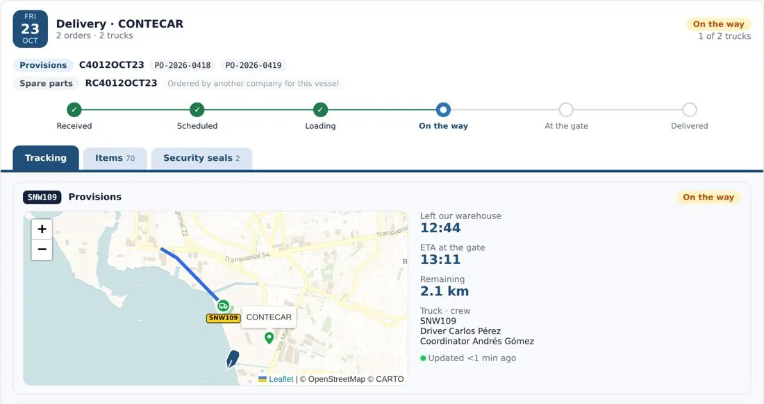 Order Status on desktop: delivery day, truck on the map and ETA