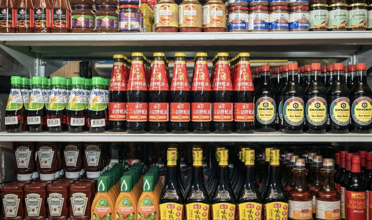 Shelves of sauces and condiments in our warehouse